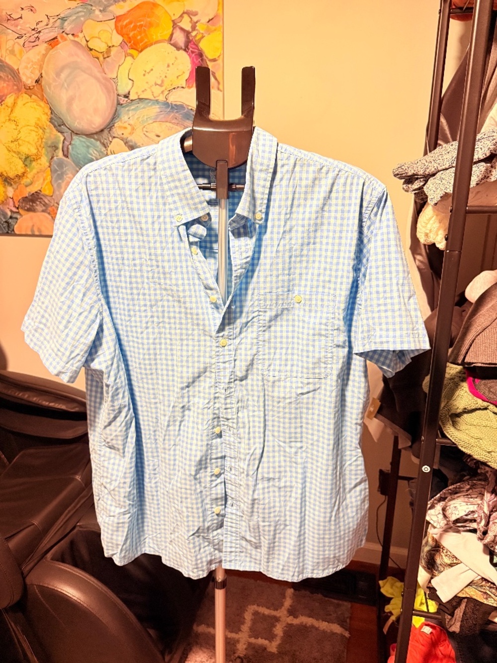mens xxl gingham aqua blue short sleeve button down